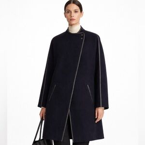 Vince Navy Blue Leather Trim Wrap Coat size S.